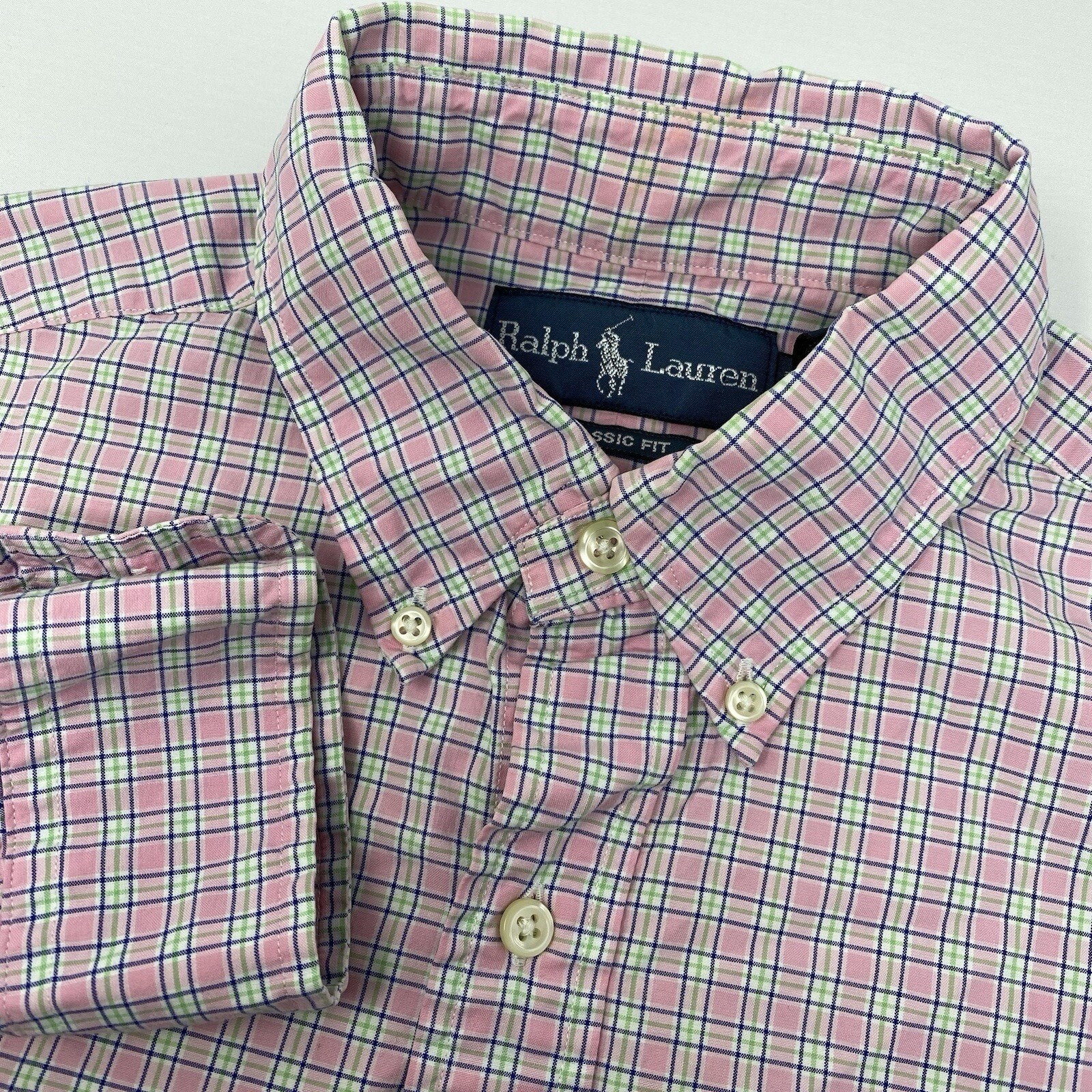 Ralph Lauren Button Down Shirt Mens Small Pink Plaid Classic Fit Long Sleeve